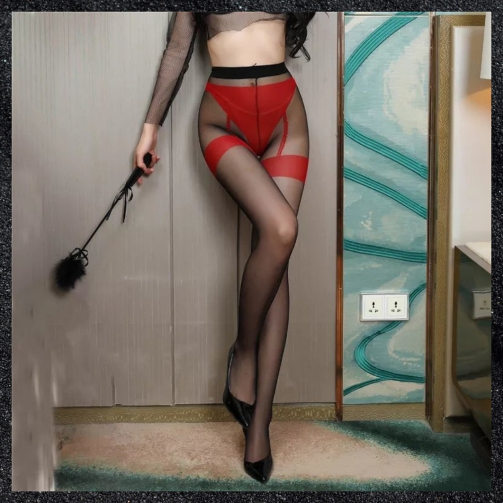 Red & Black Crotchless Faux Garter Pantyhose